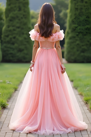 Prinsesse Pink Balkjole Flæsede Off the Shoulder Tyl Lang Gallakjole med Perlebeading
